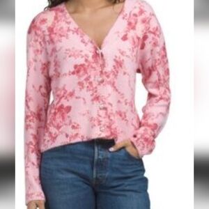CECE NWT PINK WHITE ROSE FLORAL CARDIGAN SWEATER. LARGE. LONG SLEEVE. STRETCH